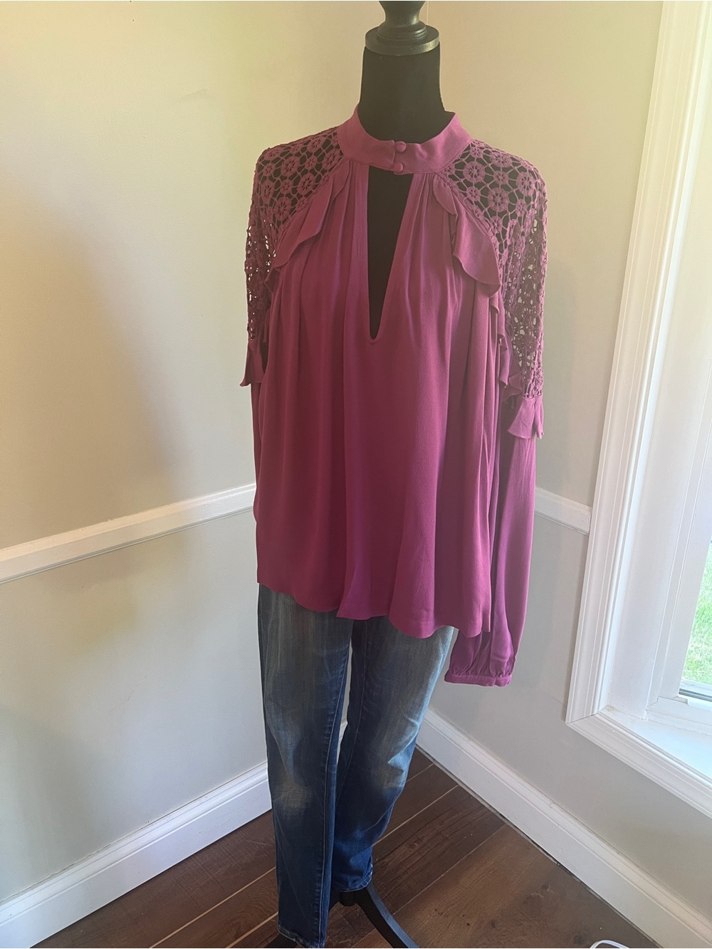 Free People Deep Magenta Lace-Yoke Long Sleeve Blouse